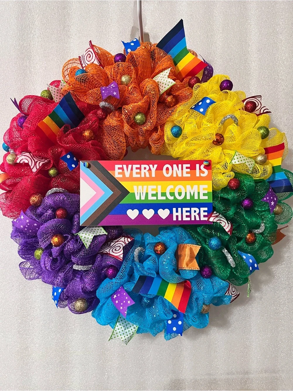 Welcome Rainbow Pride Mesh Wreath - Every One Is Welcome